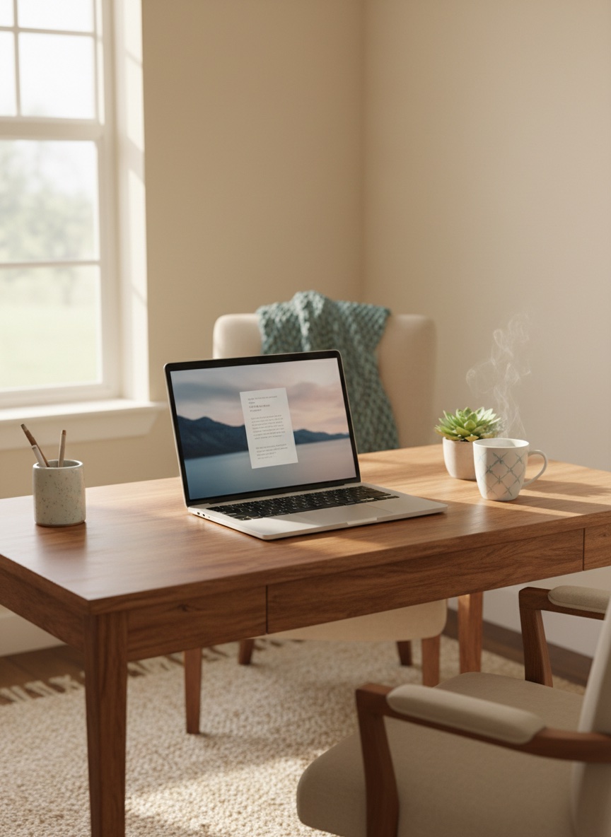 A calm, private space set up for a telehealth psychiatric appointment